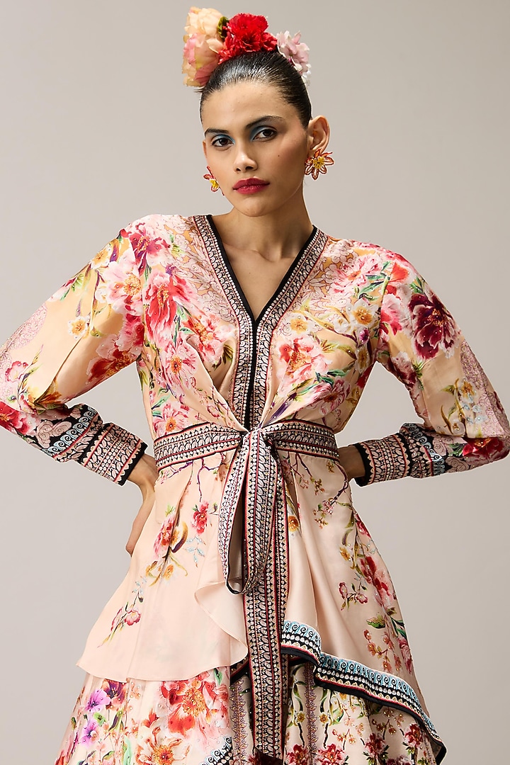 Beige Poly Dupion Crystalised Printed Skirt Set by Rajdeep Ranawat at Pernia's Pop Up Shop