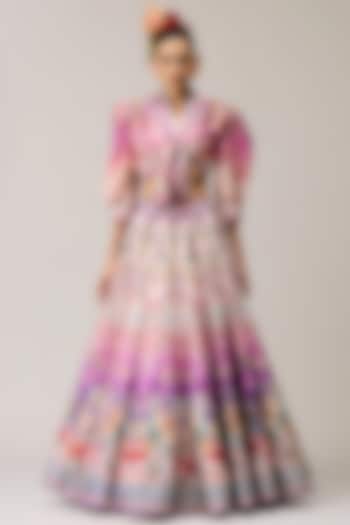 Lavender & Pink Poly Dupion Crystalised Printed Skirt Set by Rajdeep Ranawat at Pernia's Pop Up Shop