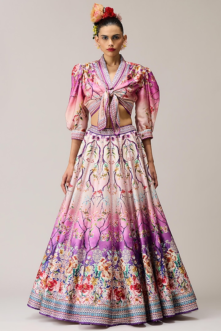Lavender & Pink Poly Dupion Crystalised Printed Skirt Set by Rajdeep Ranawat at Pernia's Pop Up Shop