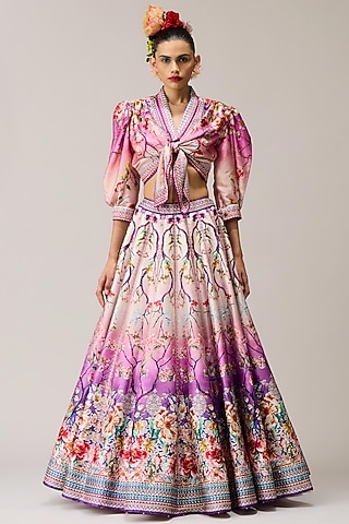 Lavender & Pink Poly Dupion Crystalised Printed Skirt Set by Rajdeep Ranawat