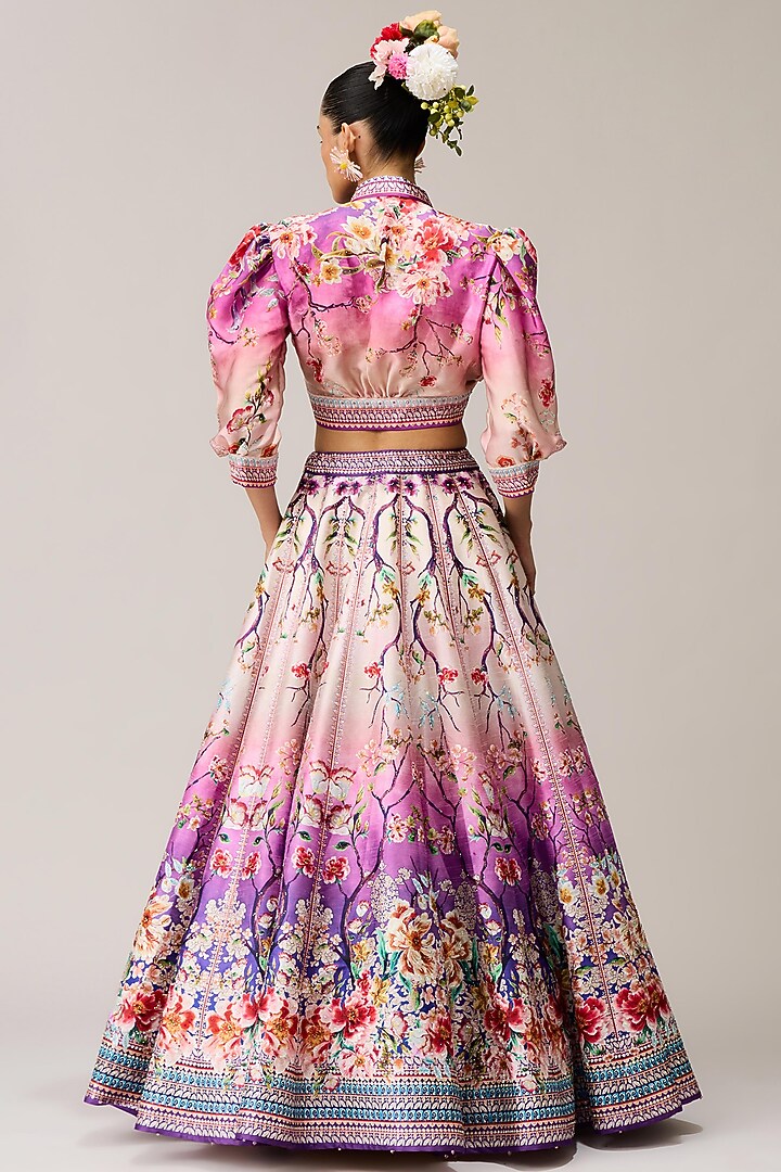 Lavender & Pink Poly Dupion Crystalised Printed Skirt Set by Rajdeep Ranawat at Pernia's Pop Up Shop