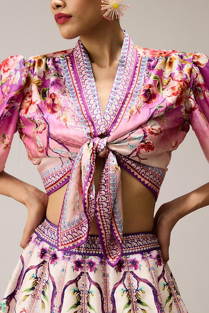 Lavender & Pink Poly Dupion Crystalised Printed Skirt Set by Rajdeep Ranawat at Pernia's Pop Up Shop