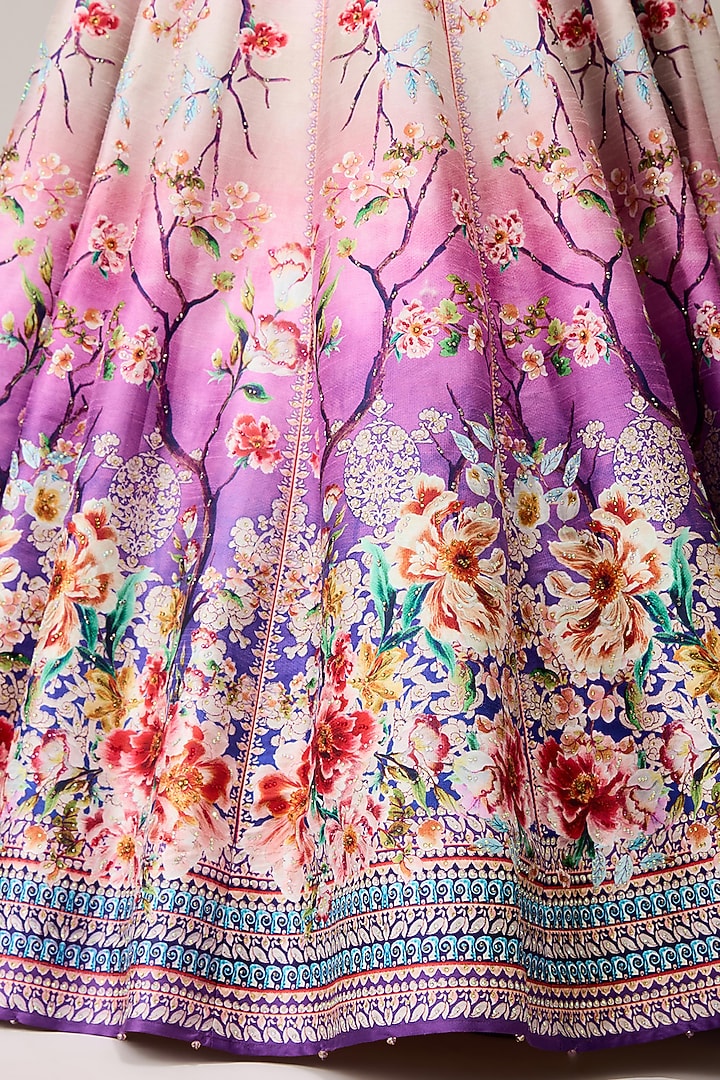 Lavender & Pink Poly Dupion Crystalised Printed Skirt Set by Rajdeep Ranawat at Pernia's Pop Up Shop