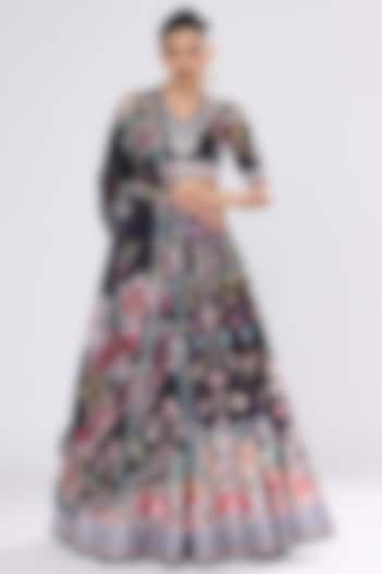 Black Poly Dupion Crystalised Printed Wedding Lehenga Set by Rajdeep Ranawat at Pernia's Pop Up Shop