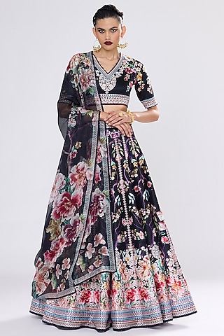 Black Poly Dupion Crystalised Printed Lehenga Set by Rajdeep Ranawat