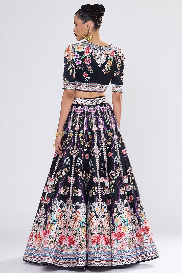 Black Poly Dupion Crystalised Printed Wedding Lehenga Set by Rajdeep Ranawat at Pernia's Pop Up Shop
