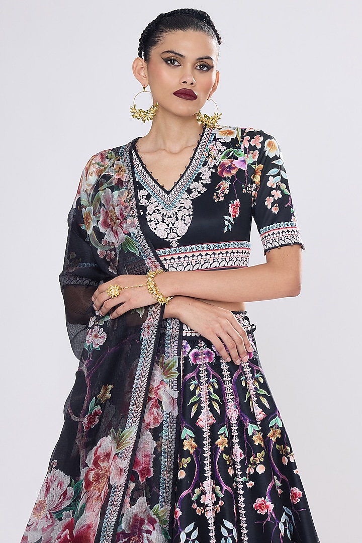 Black Poly Dupion Crystalised Printed Wedding Lehenga Set by Rajdeep Ranawat at Pernia's Pop Up Shop