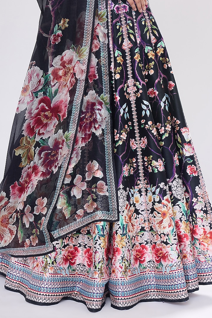Black Poly Dupion Crystalised Printed Wedding Lehenga Set by Rajdeep Ranawat at Pernia's Pop Up Shop