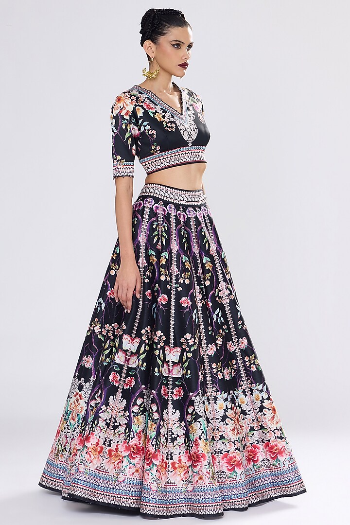 Black Poly Dupion Crystalised Printed Wedding Lehenga Set by Rajdeep Ranawat at Pernia's Pop Up Shop