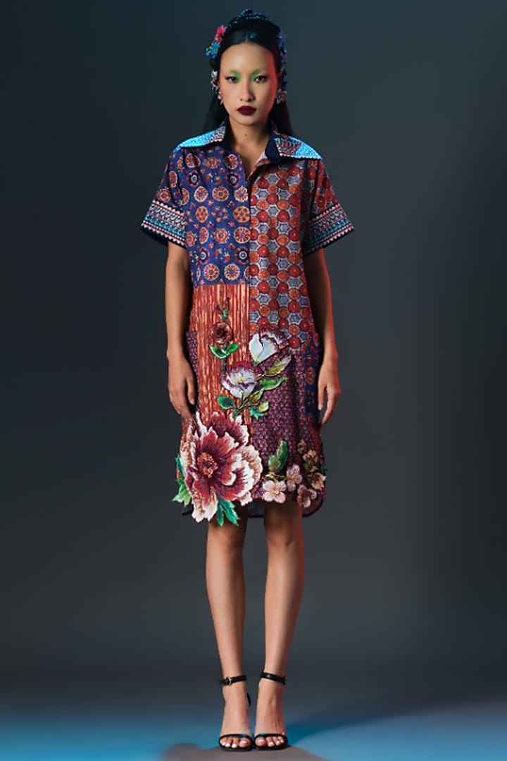 Multi-Colored Cotton Poplin Printed & Embroidered Cocktail Dress by Rajdeep Ranawat at Pernia's Pop Up Shop