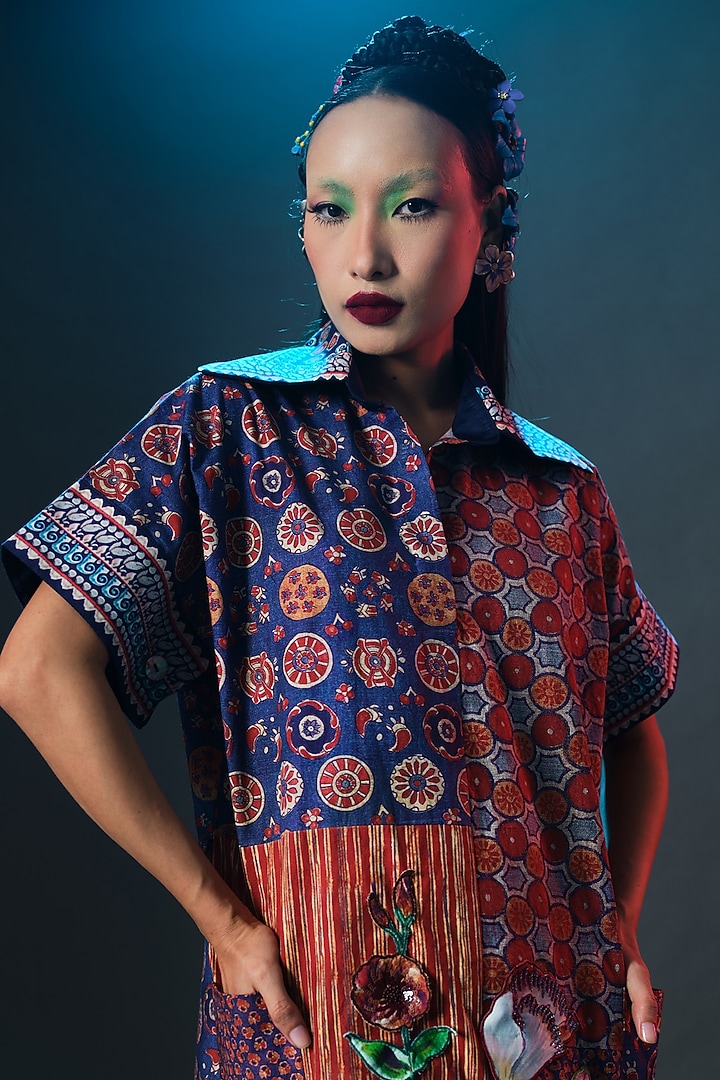 Multi-Colored Cotton Poplin Printed & Embroidered Cocktail Dress by Rajdeep Ranawat at Pernia's Pop Up Shop