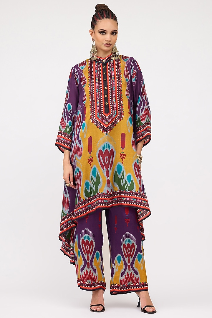 Purple Silk Printed Draped Tunic Set by Rajdeep Ranawat at Pernia's Pop Up Shop