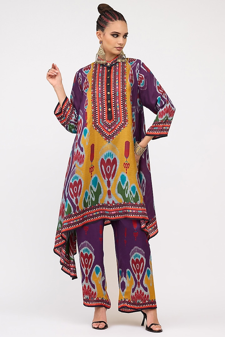 Purple Silk Printed Draped Tunic Set by Rajdeep Ranawat at Pernia's Pop Up Shop