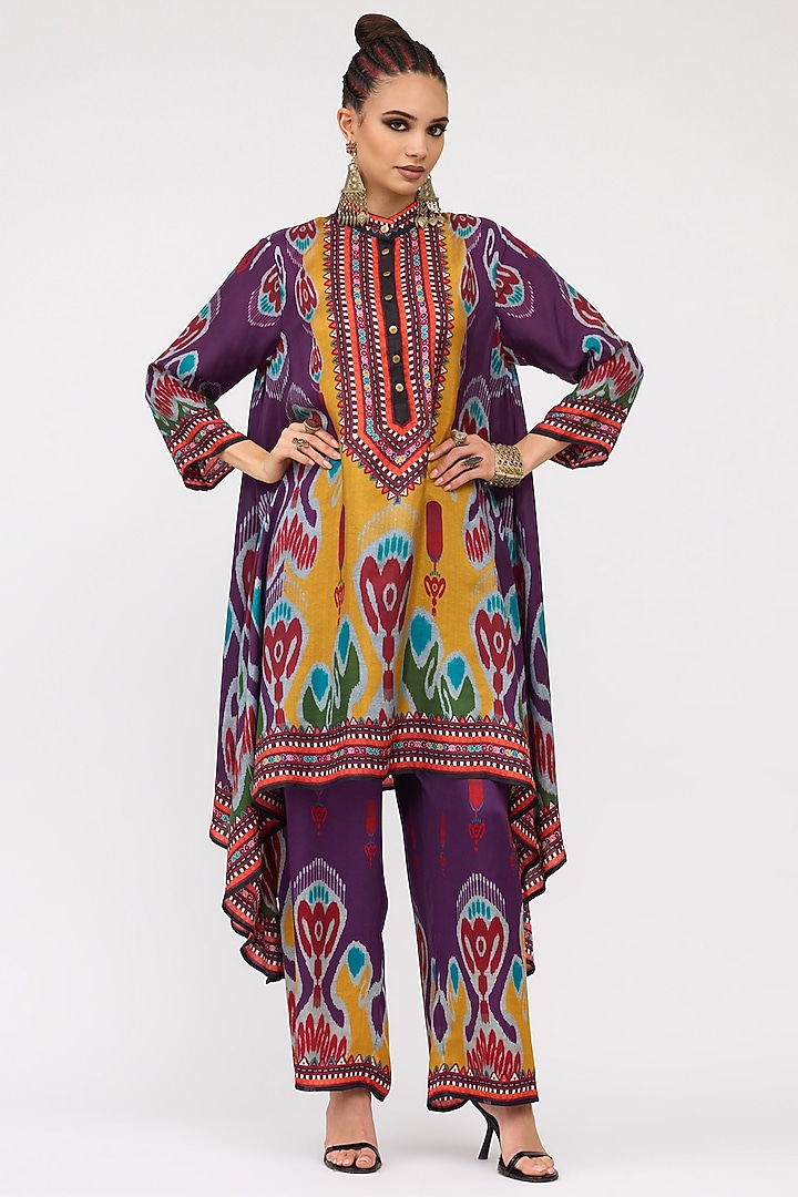 Purple Silk Printed Draped Tunic Set by Rajdeep Ranawat at Pernia's Pop Up Shop