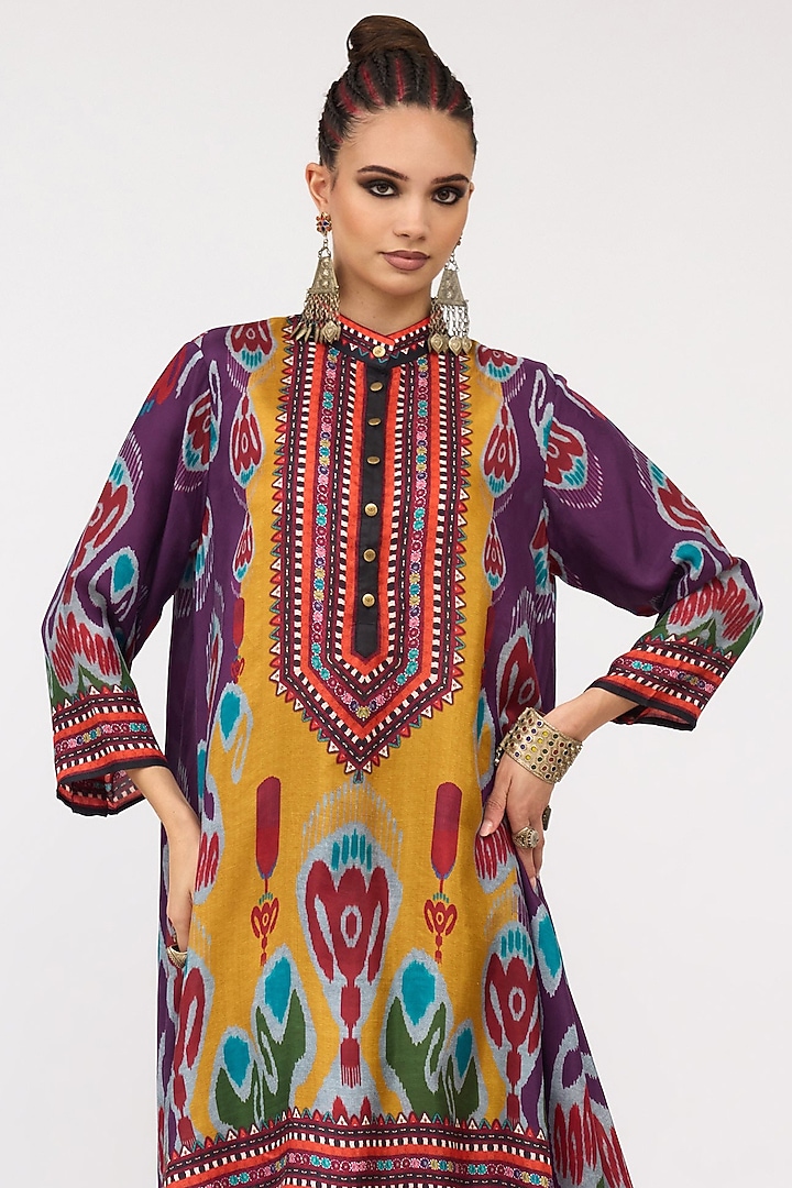 Purple Silk Printed Draped Tunic Set by Rajdeep Ranawat at Pernia's Pop Up Shop