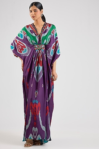 Purple Bemberg Crepe Embroidered Boxy Kaftan by Rajdeep Ranawat