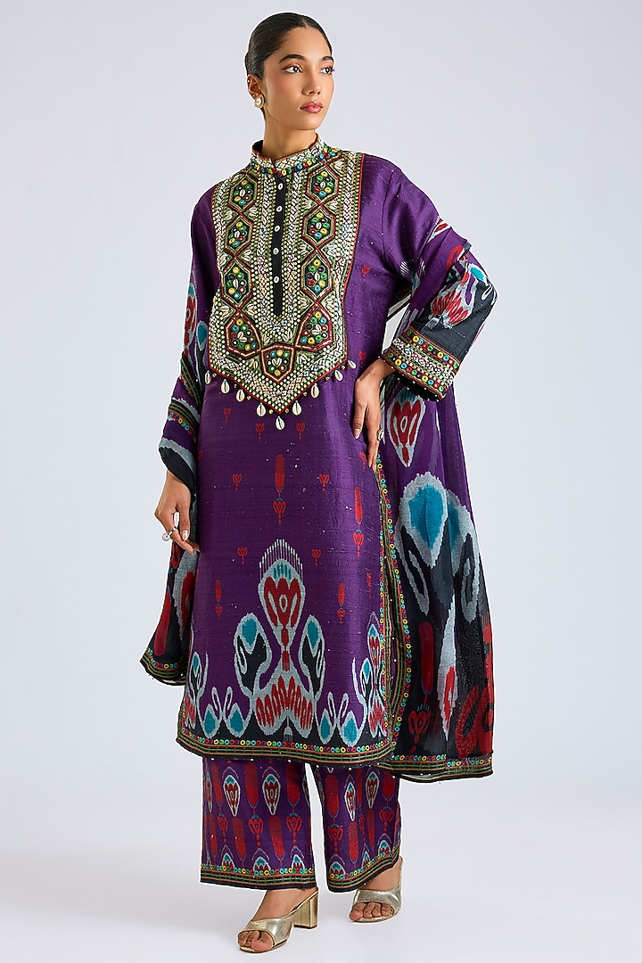 Purple Dupion Silk Printed Kurta Set by Rajdeep Ranawat at Pernia's Pop Up Shop