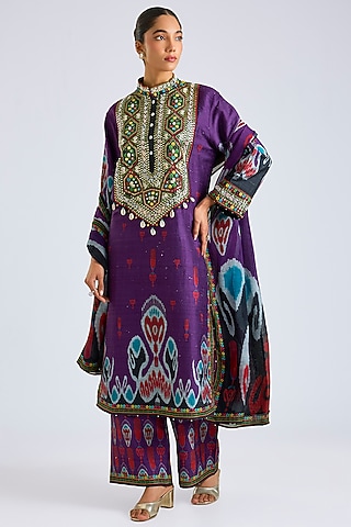 Purple Silk Dupion Printed Kurta Set by Rajdeep Ranawat