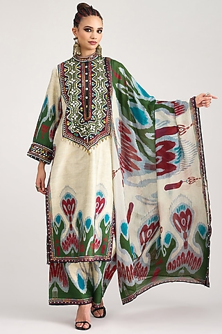 Eggshell Silk Embroidered & Printed Kurta Set by Rajdeep Ranawat