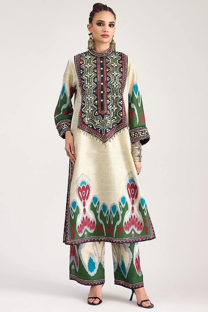 Eggshell Silk Embroidered & Printed Kurta Set by Rajdeep Ranawat at Pernia's Pop Up Shop