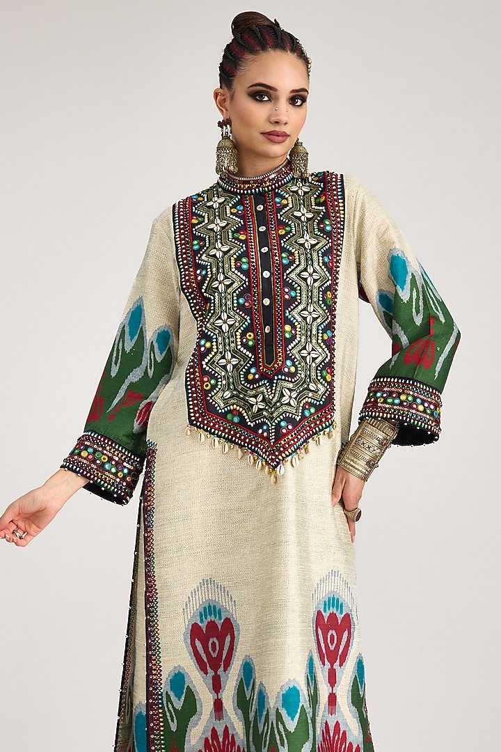 Eggshell Silk Embroidered & Printed Kurta Set by Rajdeep Ranawat at Pernia's Pop Up Shop