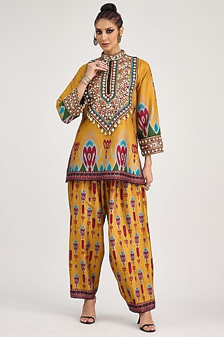 Mustard & Multi-Colored Dupion Silk Printed Short Kurta Set by Rajdeep Ranawat