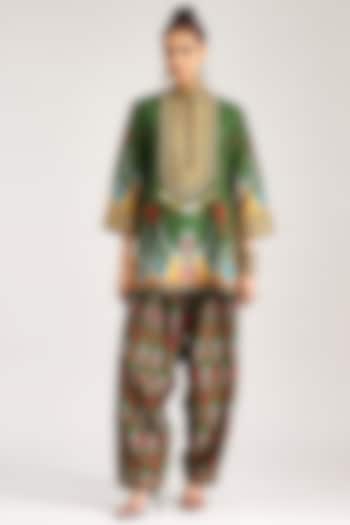 Emerald Green Dupion Silk Printed Tunic Set by Rajdeep Ranawat at Pernia's Pop Up Shop