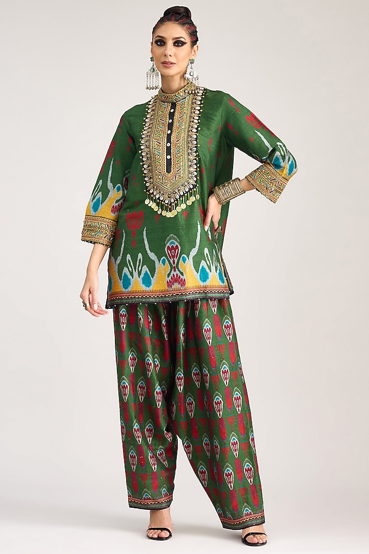 Emerald Green Dupion Silk Printed Tunic Set by Rajdeep Ranawat at Pernia's Pop Up Shop