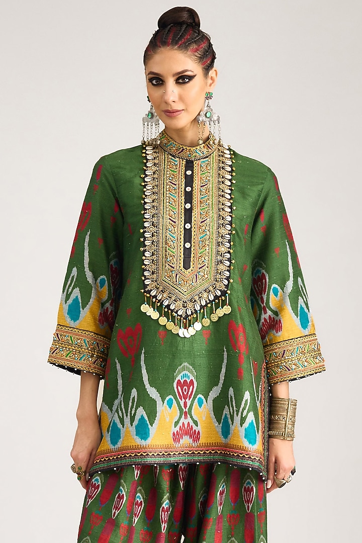 Emerald Green Dupion Silk Printed Tunic Set by Rajdeep Ranawat at Pernia's Pop Up Shop