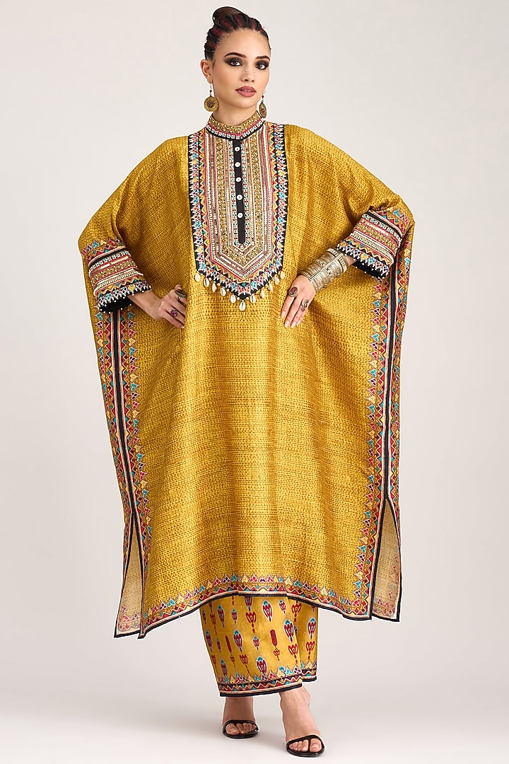 Mustard Silk Dupion Embroidered Kaftan by Rajdeep Ranawat at Pernia's Pop Up Shop