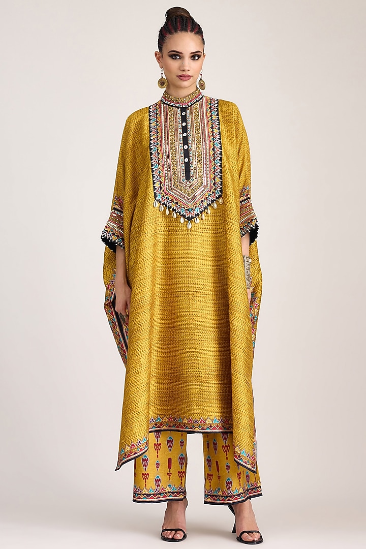 Mustard Silk Dupion Embroidered Kaftan by Rajdeep Ranawat at Pernia's Pop Up Shop