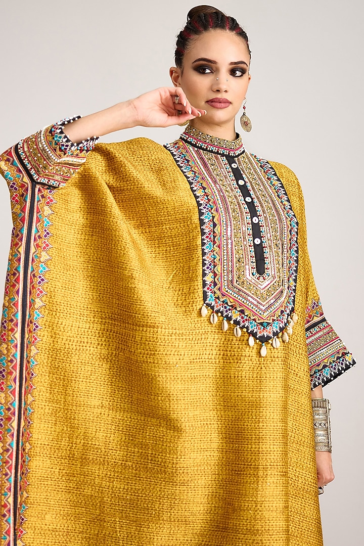 Mustard Silk Dupion Embroidered Kaftan by Rajdeep Ranawat at Pernia's Pop Up Shop