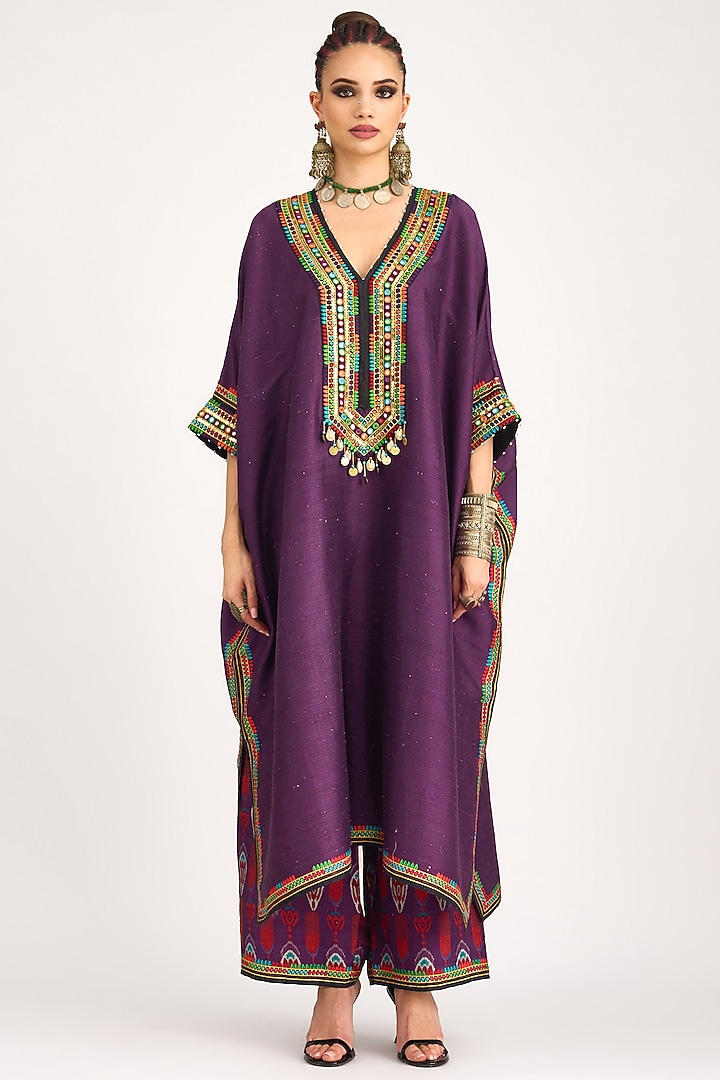 Purple Silk Dupion Embroidered Kaftan by Rajdeep Ranawat at Pernia's Pop Up Shop