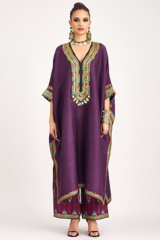 Purple Silk Dupion Embroidered Kaftan by Rajdeep Ranawat