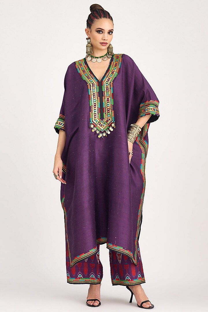 Purple Silk Dupion Embroidered Kaftan by Rajdeep Ranawat at Pernia's Pop Up Shop