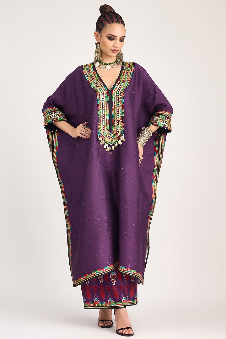 Purple Silk Dupion Embroidered Kaftan by Rajdeep Ranawat at Pernia's Pop Up Shop