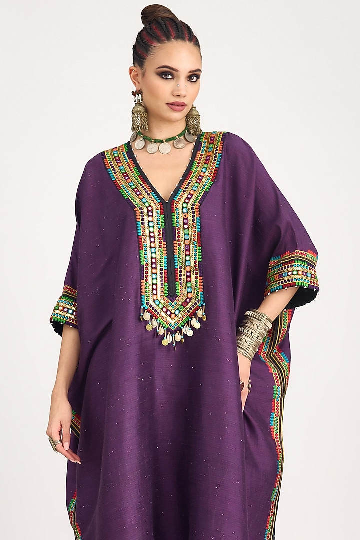 Purple Silk Dupion Embroidered Kaftan by Rajdeep Ranawat at Pernia's Pop Up Shop