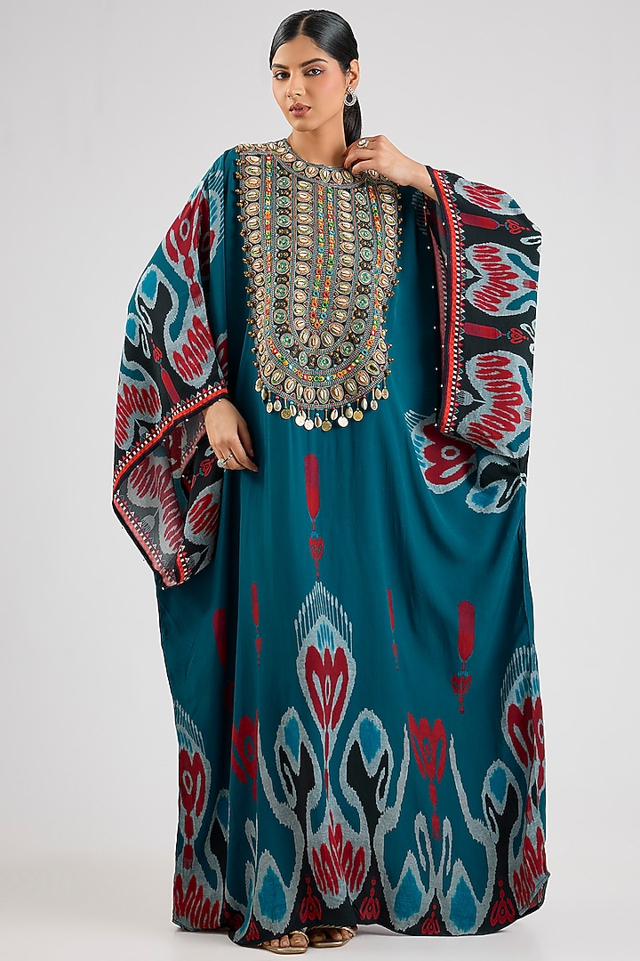 Turquoise Bemberg Crepe Kaftan by Rajdeep Ranawat at Pernia's Pop Up Shop