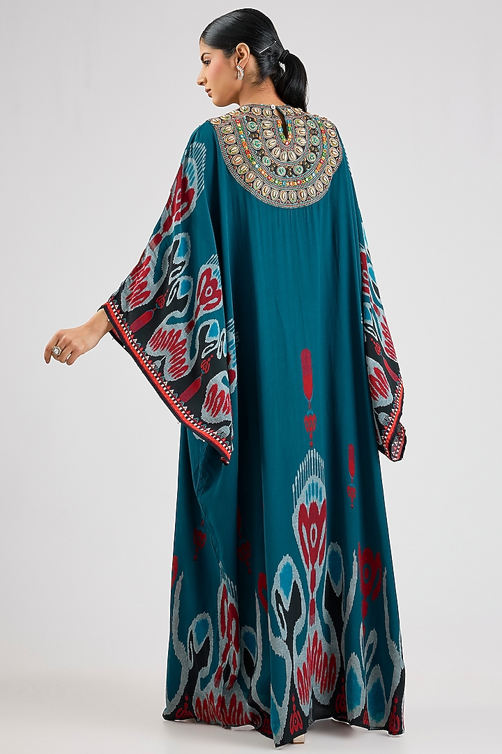 Turquoise Bemberg Crepe Embroidered Boxy Kaftan by Rajdeep Ranawat at Pernia's Pop Up Shop