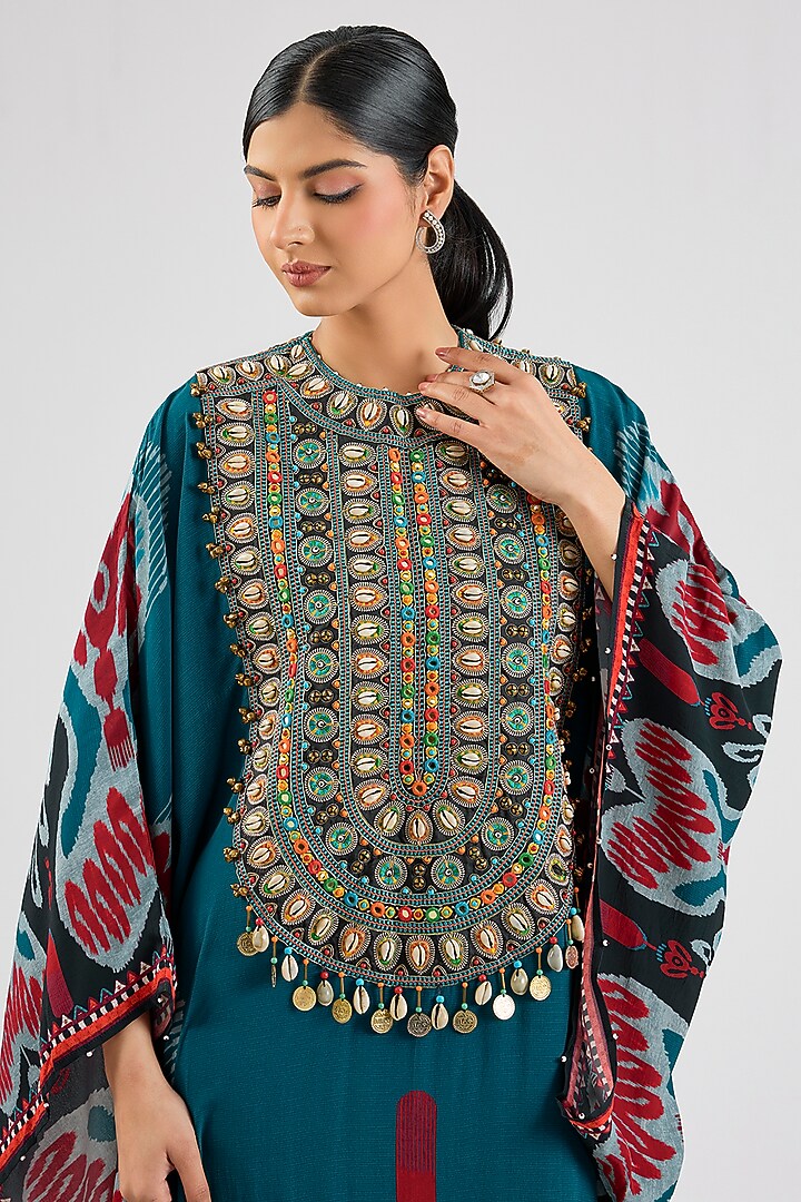 Turquoise Bemberg Crepe Embroidered Boxy Kaftan by Rajdeep Ranawat at Pernia's Pop Up Shop