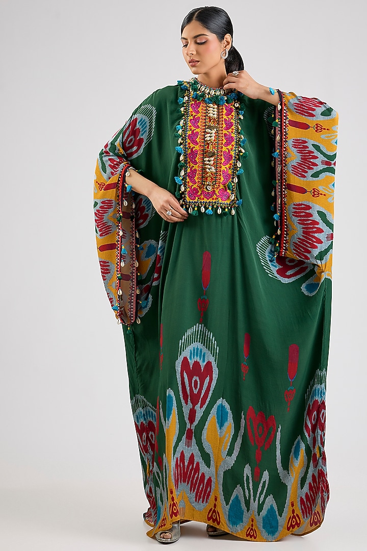 Emerald Bemberg Crepe Kaftan by Rajdeep Ranawat at Pernia's Pop Up Shop