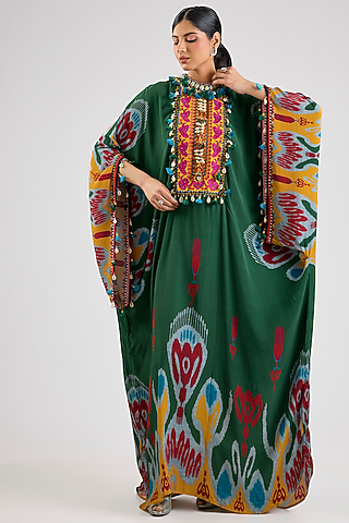 Emerald Green Bemberg Crepe Embroidered Boxy Kaftan by Rajdeep Ranawat