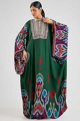 Emerald Green Bemberg Crepe Embroidered Boxy Kaftan by Rajdeep Ranawat