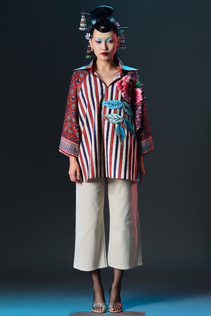 Multi-Colored Cotton Poplin Printed & Embroidered Tunic by Rajdeep Ranawat at Pernia's Pop Up Shop