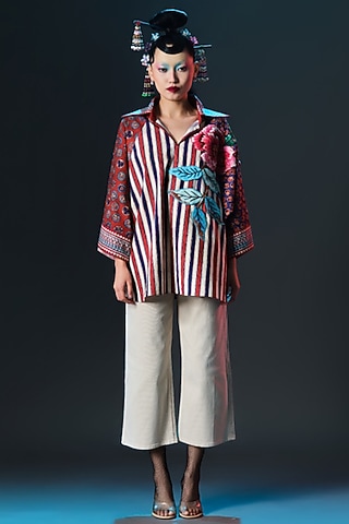 Multi-Colored Cotton Poplin Printed & Embroidered Tunic by Rajdeep Ranawat
