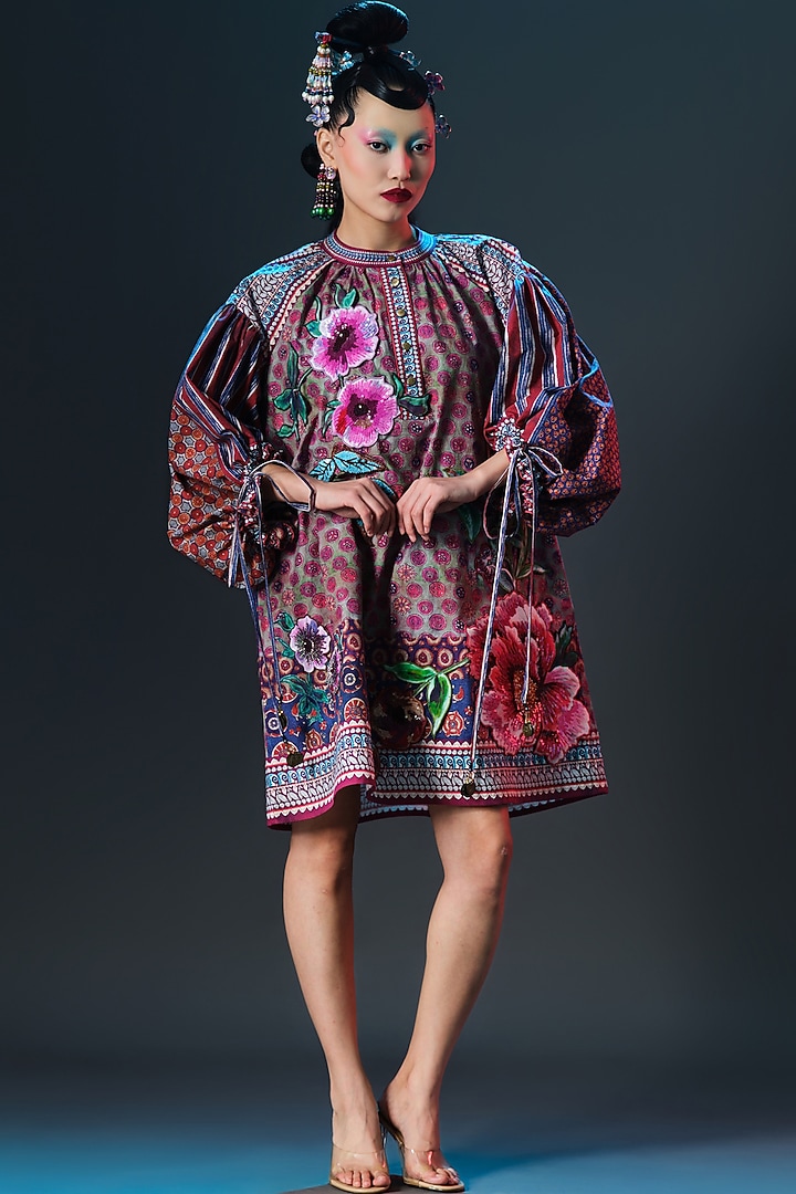Multi-Colored Cotton Poplin Printed & Embroidered Kaftan by Rajdeep Ranawat at Pernia's Pop Up Shop