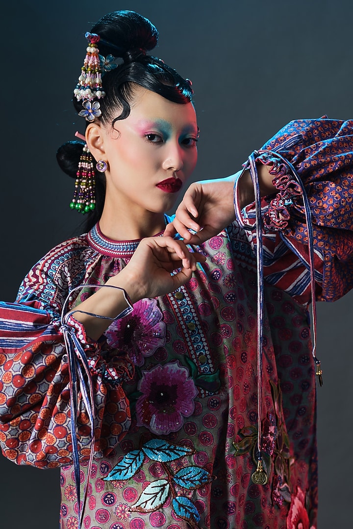 Multi-Colored Cotton Poplin Printed & Embroidered Kaftan by Rajdeep Ranawat at Pernia's Pop Up Shop