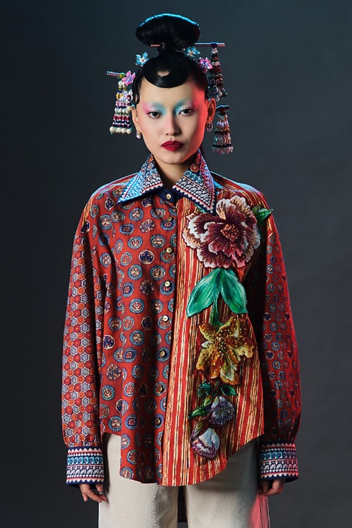Multi-Colored Cotton Poplin Printed & Embroidered Shirt by Rajdeep Ranawat at Pernia's Pop Up Shop