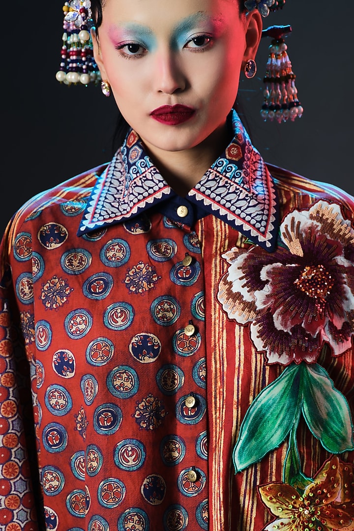 Multi-Colored Cotton Poplin Printed & Embroidered Shirt by Rajdeep Ranawat at Pernia's Pop Up Shop