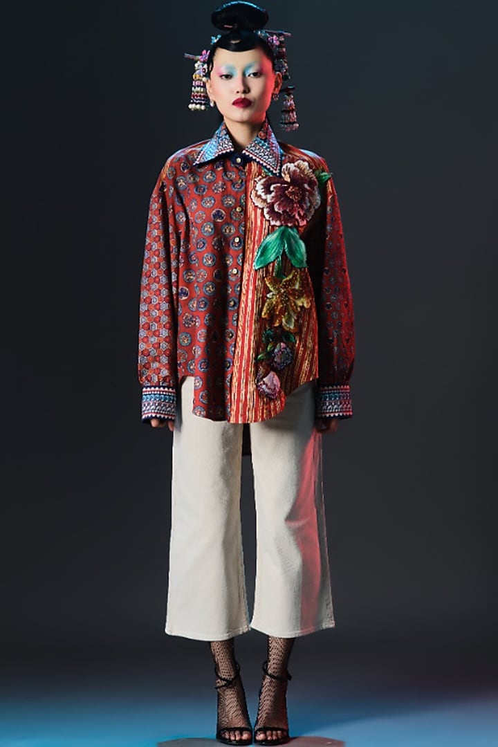 Multi-Colored Cotton Poplin Printed & Embroidered Shirt by Rajdeep Ranawat at Pernia's Pop Up Shop